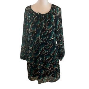 WHBM sz 2P long sleeve black & green print elastic waist lined mini dress EUC